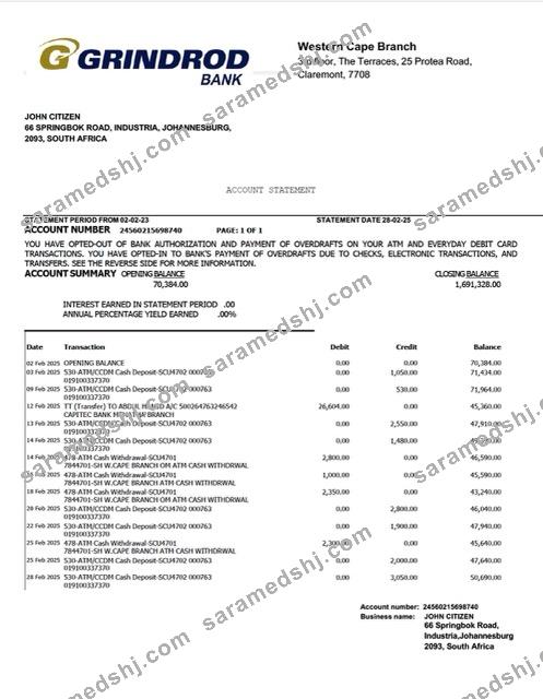 South Africa Grindrod Bank account statement Word and PDF template